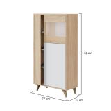 Vetrina Atlanta, Vetrinetta moderna a 3 ante, Credenza da soggiorno o salotto, Madia alta con ripiani, 77x33h142 cm, Rovere e Bianco