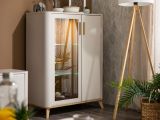 Vetrina Beige Marrone Rovere Nodi 4 Ripiani Apertura Battente 90x40x116.5h cm, 2 Ante - Castella