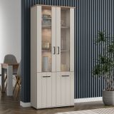 Vetrina Bianco Crema Marrone Rovere Nodi 4 Ripiani 2 Ante 79x36x191h cm, con Piedini, Anta Dettaglio Vetro - Tadas