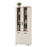 Vetrina Bianco Crema Marrone Rovere Nodi 4 Ripiani 2 Ante 79x36x191h cm, con Piedini, Anta Dettaglio Vetro - Tadas