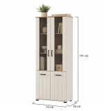 Vetrina Bianco Crema Marrone Rovere Nodi 4 Ripiani 2 Ante 79x36x191h cm, con Piedini, Anta Dettaglio Vetro - Tadas