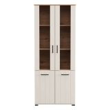 Vetrina Bianco Crema Marrone Rovere Nodi 4 Ripiani 2 Ante 79x36x191h cm, con Piedini, Anta Dettaglio Vetro - Tadas
