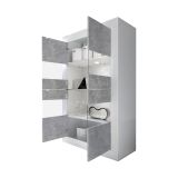 Vetrina Bianco Lucido Grigio Cemento 3 Ripiani 2 Ante 101.4x42x161.2h cm, Apertura con Maniglia - Suzzara