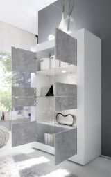 Vetrina Bianco Lucido Grigio Cemento 3 Ripiani 2 Ante 101.4x42x161.2h cm, Apertura con Maniglia - Suzzara