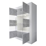 Vetrina Bianco Lucido Grigio Cemento 3 Ripiani 2 Ante 101.4x42x161.2h cm, Apertura con Maniglia - Suzzara