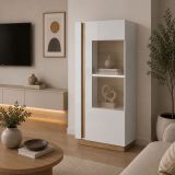 Vetrina Bianco Lucido Marrone Rovere 2 Ripiani Un'anta 72x40x154h cm, - Kato