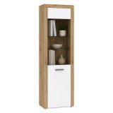 Vetrina Bianco Marrone Rovere Nodi 5 Ripiani Un'anta 65x42x192h cm, Anta e Ripiani Dettaglio Vetro led non Inclusi - Lohalime