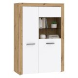Vetrina Bianco Marrone Rovere Nodi 6 Ripiani 2 Ante 100x42x147h cm, Anta e Ripiani Dettaglio Vetro led non Inclusi - Lohalime