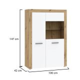 Vetrina Bianco Marrone Rovere Nodi 6 Ripiani 2 Ante 100x42x147h cm, Anta e Ripiani Dettaglio Vetro led non Inclusi - Lohalime