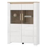 Vetrina Bianco Opaco Marrone Rovere 2 Ripiani 2 Ante 96x35x130h cm, Anta e Ripiani Dettaglio Vetro - Erto