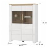 Vetrina Bianco Opaco Marrone Rovere 2 Ripiani 2 Ante 96x35x130h cm, Anta e Ripiani Dettaglio Vetro - Erto