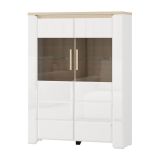 Vetrina Bianco Opaco Marrone Rovere 2 Ripiani 2 Ante 96x35x130h cm, Anta e Ripiani Dettaglio Vetro - Erto