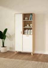 Vetrina Esme, Credenza espositiva, Vetrinetta multiuso, Madia da soggiorno, 40x89 h188 cm, Rovere e Bianco
