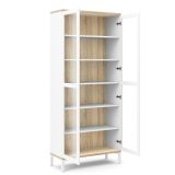 Vetrina Lisanne, Credenza espositiva, Vetrinetta multiuso, Madia da soggiorno, 89x36 h203 cm, Bianco e Quercia