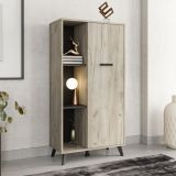 Vetrina Marrone Rovere Chiaro Nero 4 Ripiani Un'anta 67.5x33x130.5h cm, 6 Vani - Dolzago