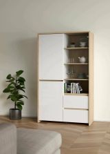 Vetrina Nadine, Credenza espositiva, Vetrinetta multiuso, Madia da soggiorno, 48x100 h170 cm, Rovere e Bianco