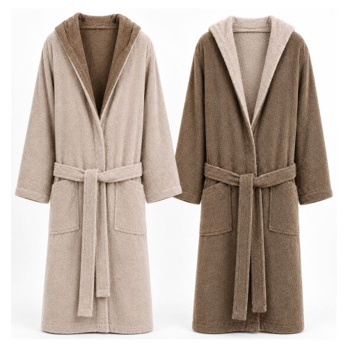 Accappatoio Beige Crema Marrone 100% Cotone Egiziano a fibra lunga pettinato Reversibile Con cappuccio, Taglia S-M - Selesi Luxury
