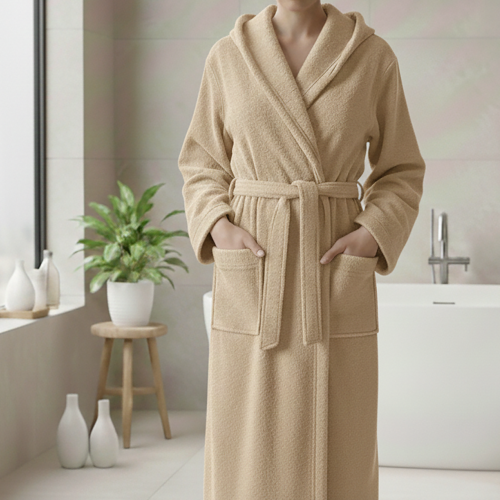Accappatoio Bianco Crema 100% cotone Con cappuccio , Taglia S - Satofa Luxury