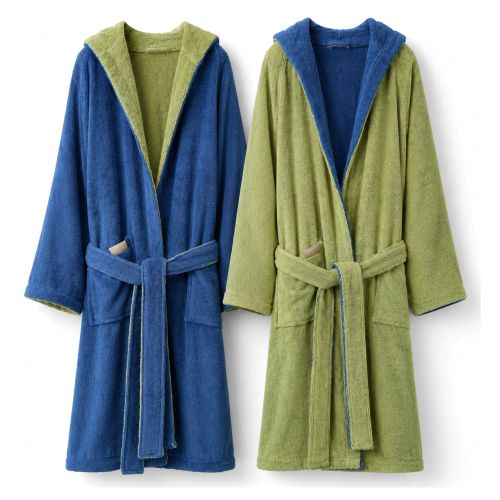 Accappatoio blu Indaco Verde Menta 100% Cotone Egiziano a fibra lunga pettinato Reversibile Con cappuccio , Taglia S/M - Selesi Luxury