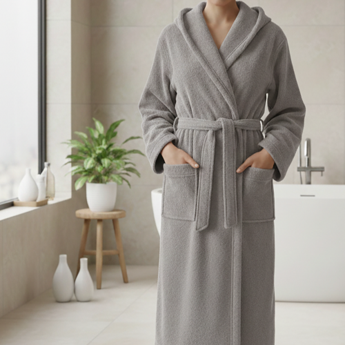 Accappatoio Grigio 100% cotone Con cappuccio, Taglia M - Satoka Luxury