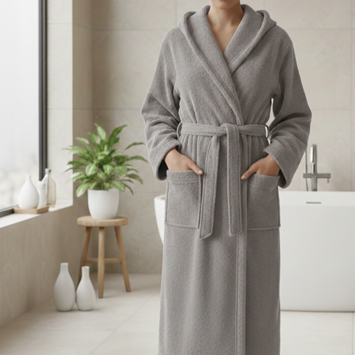 Accappatoio Grigio 100% cotone Con cappuccio, Taglia S - Satofa Luxury