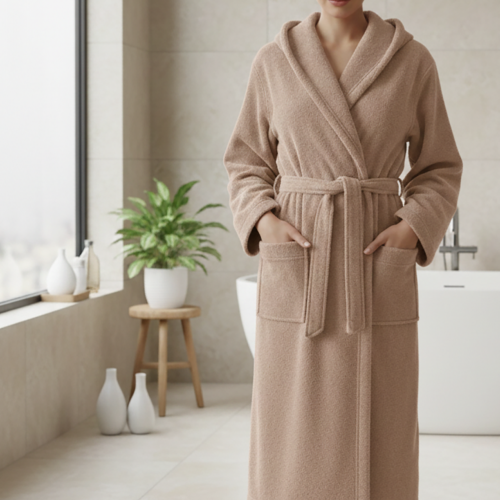 Accappatoio Marrone Sabbia 100% cotone Con cappuccio , Taglia S - Satofa Luxury