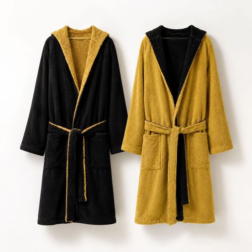 Accappatoio Nero oro 100% Cotone Egiziano a fibra lunga pettinato Reversibile Con cappuccio, Taglia XXL - Sekate Luxury