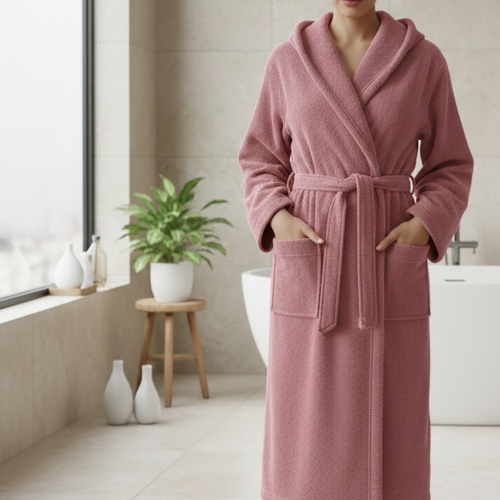 Accappatoio Rosa 100% cotone Con cappuccio, Taglia XXL - Satina Luxury