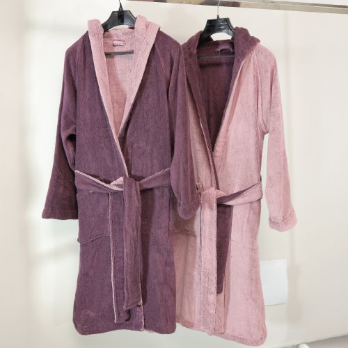 Accappatoio Rosa Viola Prugna 100% Cotone Egiziano a fibra lunga pettinato Reversibile Con cappuccio, Taglia M-L - Seha Luxury