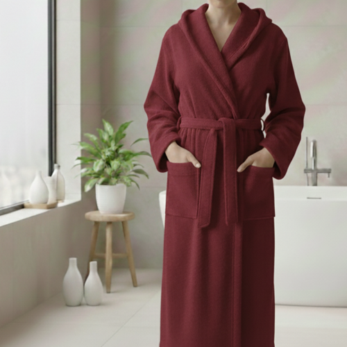 Accappatoio Rosso Bordeaux 100% cotone Con cappuccio , Taglia L - Satotite Luxury