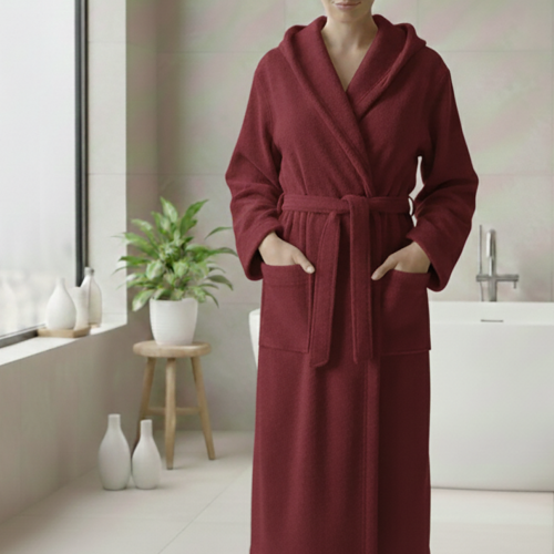 Accappatoio Rosso Bordeaux 100% cotone Con cappuccio , Taglia M - Satoka Luxury