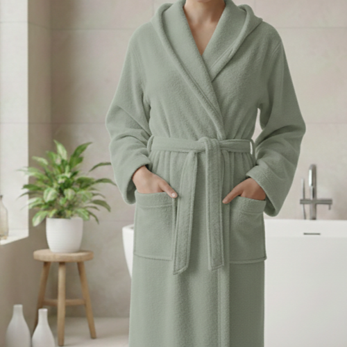 Accappatoio Verde Salvia 100% cotone Con cappuccio , Taglia S - Satofa Luxury