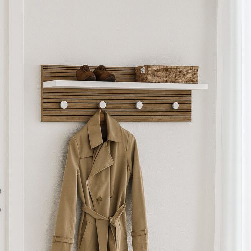 Appendiabiti Bianco Marrone Rovere 4 Ganci Installazione a Muro, Colore Struttura Marrone - Mozzo
