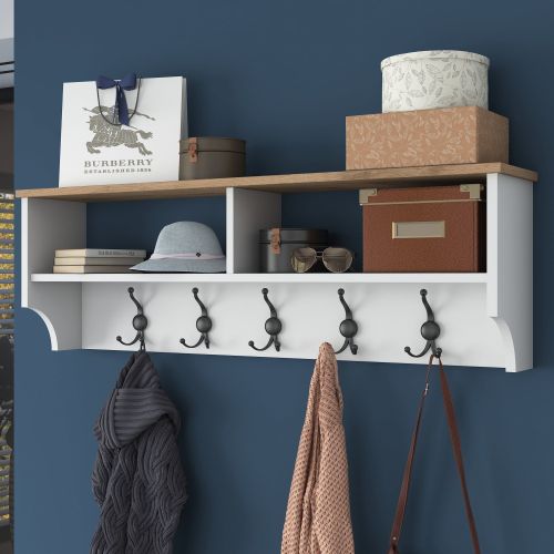 Appendiabiti Bianco Marrone Rovere 5 Ganci Installazione a Muro 37h cm, Colore Struttura Marrone - Magherno