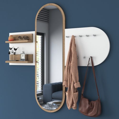 Appendiabiti Bianco Marrone Rovere con Specchio 9 Ganci 120h cm, Installazione a Muro - Guardia