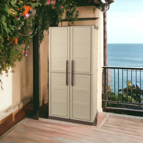 Armadio da esterno Avelgem, Armadio balcone multiuso, Mobile porta scope 2 ante, 100% Made in Italy, 70x47h178 cm, Beige e Marrone, Finitura quadri