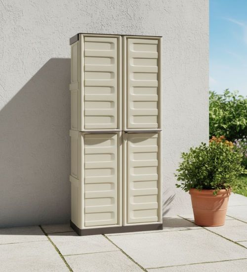 Armadio da esterno Avelgem, Armadio balcone multiuso, Mobile porta scope 2 ante, 100% Made in Italy, 70x47h178 cm, Beige e Marrone, Finitura righe