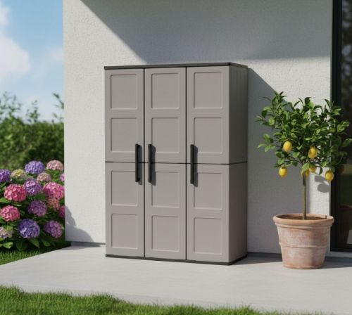 Armadio da esterno Bilzen, Mobile outdoor, Armadio balcone multiuso, 100% Made in Italy, Grigio e Nero, 102x37h163 cm Finitura quadri