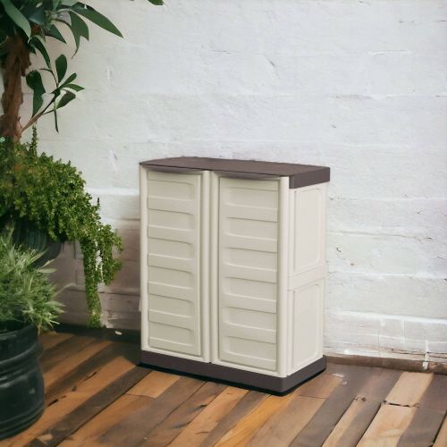 Armadio da esterno Courtrai, Armadio balcone multiuso, Mobile da esterno a 2 ante, 100% Made in Italy, Beige e Marrone, 70x39h86 cm Finitura righe