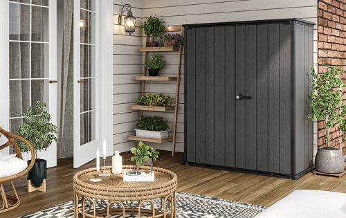 Armadio da esterno Fuscaldo, Mobile outdoor, Mobiletto giardino multiuso, Contenitore per balcone o garage, 140x74 h170 cm, Grigio scuro