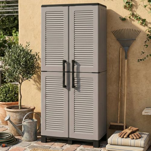 Armadio da Esterno Grigio Chiaro Nero 3 Ripiani 2 Ante 68x37x169h cm, 4 Vani - Ash