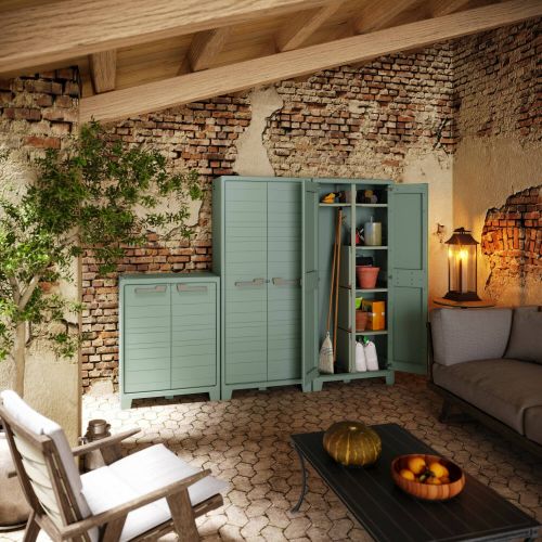 Armadio da Esterno Grigio Verde 8 Ripiani 2 Ante 80x44x182h cm, Resistente ai Raggi uv Impermeabile Made in Italy - Quesnel
