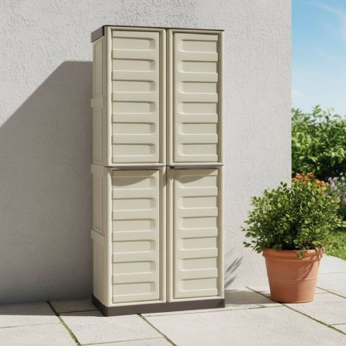 Armadio da Esterno Impermeabile 70x39x165h cm Portascope in Plastica Beige e Marrone con 3 Ripiani Regolabili e Chiusura a Lucchetto – Ipno