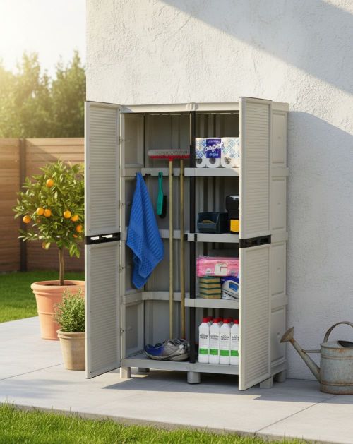 Armadio da esterno Liegi, Mobile outdoor, Armadio balcone multiuso, Armadietto da esterno, 100% Made in Italy, Grigio chiaro, 100x39h172 cm