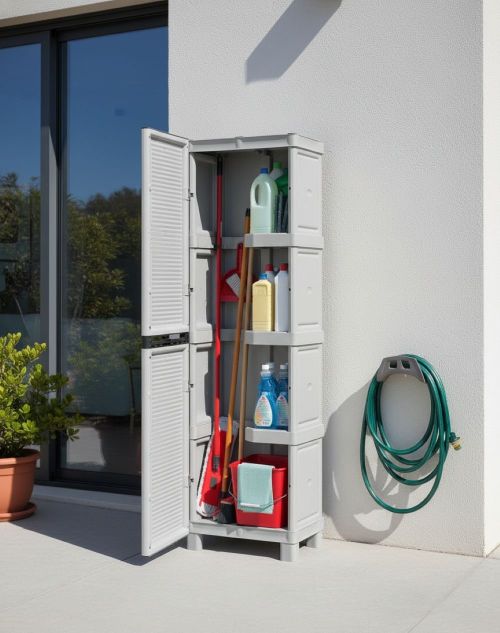 Armadio da esterno Liegi, Mobile outdoor, Armadio balcone multiuso, Armadietto da esterno, 100% Made in Italy, Grigio chiaro, 50x39h172 cm
