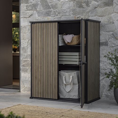 Armadio da Esterno Marrone Quercia Nero Cassetti 2 Ripiani 140x74x170h cm, Apertura Battente - Langdon