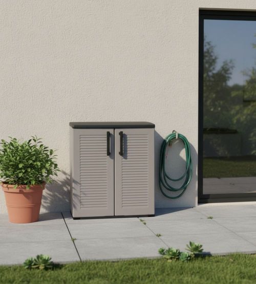 Armadio da esterno Mol, Mobile balcone multiuso, Armadietto outdoor a 2 ante, 100% Made in Italy, 68x37h84 cm, Grigio e Nero Finitura righe
