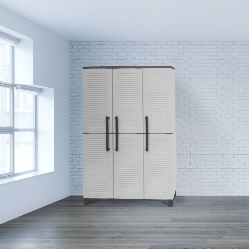 Armadio da esterno Nandrin, Mobile porta scope, Armadietto da esterno 3 ante, 100% Made in Italy, 102x37h169 cm, Grigio chiaro e Nero Finitura righe