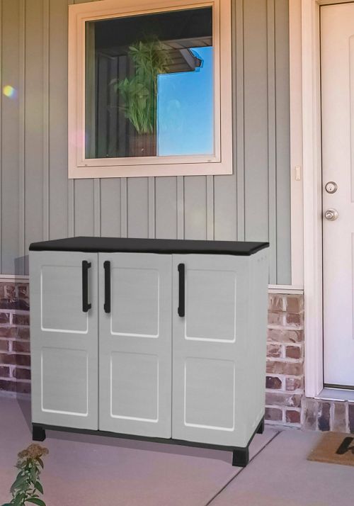 Armadio da esterno Pelt, Armadio balcone multiuso, Mobile outdoor 3 ante, 100% Made in Italy, 102x37h90 cm, Grigio chiaro e Nero, Finitura quadri