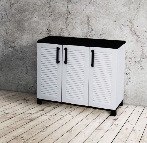 Armadio da esterno Pelt, Armadio balcone multiuso, Mobile outdoor 3 ante, 100% Made in Italy, 102x37h90 cm, Grigio chiaro e Nero, Finitura righe